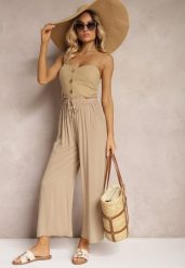Jasnobeżowe Spodnie Palazzo High Waist z Bawełny Wykończone Gumką w Talii Nellsea. Brązowe jeansy Renee, bez wzorów, z bawełny, eleganckie, z podwyższonym stanem. W wyprzedaży za 35.99 zł.