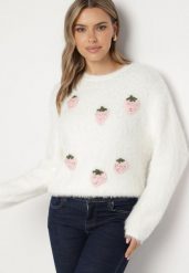 Biały Puchaty Sweter z Wełną i Aplikacjami Truskawek 3D Leraisa. Białe swetry Born2be, na jesień, z aplikacjami, z jeansu, eleganckie, bez ramiączek. W wyprzedaży za 93.49 zł.
