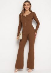 Brązowy Wiskozowy Kombinezon Bodycon z Prążkowaniem i Suwakiem Alnorema. Brązowe sukienki Born2be, bez wzorów, prążkowane, eleganckie, bez kołnierzyka, bez ramiączek, bodycon. W wyprzedaży za 118.99 zł.