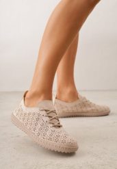 Ciemnobeżowe Tenisówki z Ażurową Cholewką Tidella. Brązowe trampki Born2be, w ażurowe wzory, z jeansu, bez zapięcia. Za 69.99 zł.