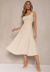 Beżowa Rozkloszowana Sukienka w Klasycznym Stylu Deslene. Brązowe sukienki Renee, na co dzień, l, bez wzorów, eleganckie, bez kołnierzyka, bez ramiączek, midi, proste. W wyprzedaży za 76.99 zł.