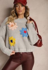 Jasnoszary Sweter z Wiskozą i Kwiatowym Motywem Labrienna. Szare swetry Renee, l, z aplikacjami, z wiskozy, casualowe, bez ramiączek. W wyprzedaży za 87.99 zł.
