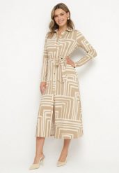 Beżowa Sukienka Koszulowa z Wiskozą Zdobiona Geometrycznym Wzorem Nimiara. Brązowe sukienki Born2be, do pracy, l, z aplikacjami, z materiału, biznesowe, bez kołnierzyka, bez ramiączek, maxi, koszulowe. Za 159.99 zł.