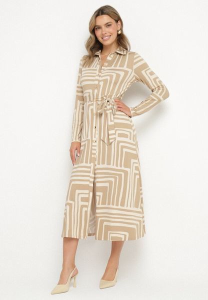Beżowa Sukienka Koszulowa z Wiskozą Zdobiona Geometrycznym Wzorem Nimiara. Brązowe sukienki Born2be, do pracy, l, z aplikacjami, z materiału, biznesowe, bez kołnierzyka, bez ramiączek, maxi, koszulowe. Za 159.99 zł.