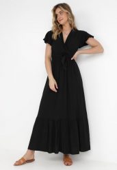 Czarna Sukienka Diomeira. Czarne sukienki Born2be, l, bez wzorów, z tkaniny, eleganckie, bez kołnierzyka, bez ramiączek, maxi, kopertowe. Za 109.99 zł.