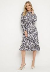 Niebieska Sukienka o Rozkloszowanym Kroju z Falbankami i Gumką w Pasie Ridiluria. Niebieskie sukienki Born2be, na co dzień, m, bez wzorów, eleganckie, bez kołnierzyka, bez ramiączek, midi, rozkloszowane. W wyprzedaży za 84.99 zł.