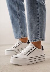 Biało-Czarne Klasyczne Trampki na Grubej Podeszwie Araenes. Białe trampki Born2be, bez wzorów, z jeansu, klasyczne, bez zapięcia. Za 79.99 zł.