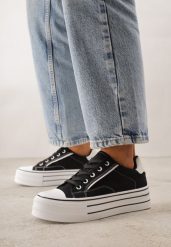 Czarne Klasyczne Trampki na Grubej Podeszwie Araenes. Czarne trampki Born2be, bez wzorów, z jeansu, klasyczne, bez zapięcia. Za 79.99 zł.