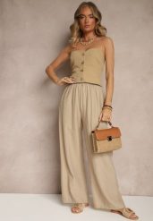 Ciemnobeżowe Wiskozowe Spodnie Palazzo High Waist z Lnem Linaselia. Brązowe jeansy Renee, bez wzorów, z jeansu, eleganckie, z podwyższonym stanem. W wyprzedaży za 75.99 zł.