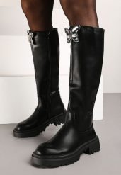 Czarne Płaskie Kozaki Ozdobione Motylem 3D Remidra. Czarne kozaki Renee, bez wzorów, z jeansu, eleganckie, bez obcasa, na obcasie, bez zapięcia. W wyprzedaży za 167.99 zł.