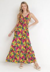 Żółto-Fuksjowa Sukienka z Wiskozy w Kwiaty i Kopertowym Dekoltem Gelia. Żółte sukienki Born2be, s, bez wzorów, z wiskozy, bez kołnierzyka, bez ramiączek, kopertowe. Za 79.99 zł.