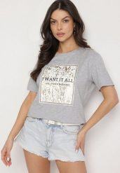 Jasnoszary Bawełniany T-shirt Ozdobiony Nadrukiem Nelltaria. Szare t-shirty Born2be, m, bez wzorów, z bawełny, eleganckie, bez kołnierzyka, bez ramiączek. W wyprzedaży za 38.24 zł.