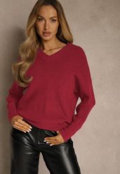 Bordowy Sweter z Dodatkiem Kaszmiru i Trójkątnym Dekoltem Silefera. Czerwone swetry Renee, bez wzorów, z jeansu, casualowe, bez ramiączek. Za 99.99 zł.