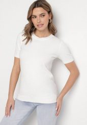 Biały Sweter z Ozdobnymi Ściągaczami Sanarella. Białe swetry Born2be, uniwersalny, z aplikacjami, z jeansu, eleganckie, bez ramiączek. Za 79.99 zł.