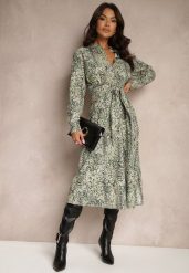 Zielona Sukienka z Bawełny w Panterkowy Print o Koszulowym Kroju Wiązana w Pasie Inoraelis. Zielone sukienki Renee, na co dzień, l, bez wzorów, z bawełny, eleganckie, bez kołnierzyka, bez ramiączek, midi, koszulowe. W wyprzedaży za 99.99 zł.