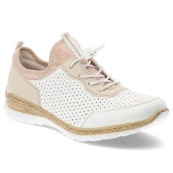 Białe Półbuty Rieker Wsuwane Obuwie Damskie. Białe półbuty wsuwane Rieker, bez wzorów, z materiału, eleganckie, bez obcasa, na płaskiej podeszwie. Za 297.99 zł.