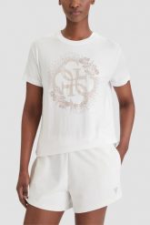 GUESS Biały damski t-shirt na krótki rękaw z cyrkoniami Corinne, Rozmiar XS. Białe t-shirty Guess, xs, z aplikacjami, eleganckie, bez kołnierzyka, bez ramiączek. Za 239.99 zł.