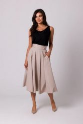 Rozkloszowana spódnica z wysokim stanem i kieszeniami beż. Spódnice Bewear, xl, bez wzorów, midi, rozkloszowane. Za 319.00 zł.