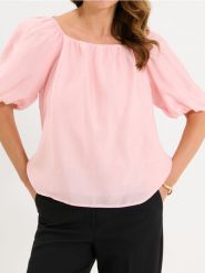 Bluzka z lyocellem z bufiastymi rękawami - różowy. Czerwone bluzki Sinsay, l, bez wzorów, z lyocellu, bez kołnierzyka, bez ramiączek. Za 49.99 zł.