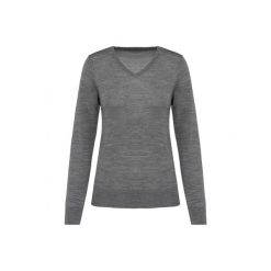Damski sweter z merynosów z dekoltem v-neck Kariban Premium. Szare swetry KARIBAN, na zimę, bez wzorów, z wełny, eleganckie, bez ramiączek. W wyprzedaży za 268.00 zł.