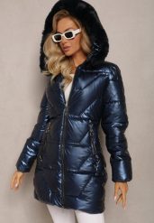 Granatowa Kurtka Pikowana z Futerkiem i Kapturem Asmina. Niebieskie kurtki Renee, l, bez wzorów, z jeansu, eleganckie. Za 229.99 zł.