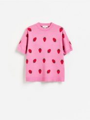 Sweter z krótkim rękawem - różowy. Czerwone swetry Reserved, l, bez wzorów, z bawełny, bez ramiączek. Za 139.99 zł.