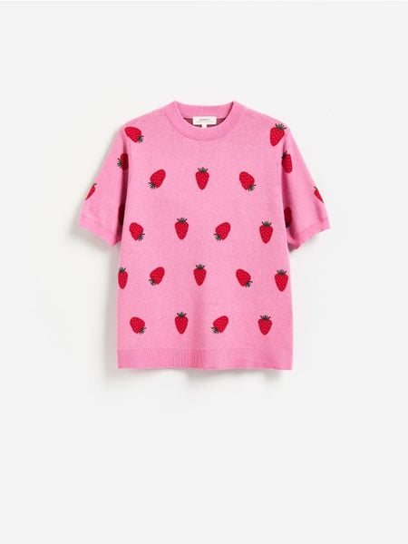Sweter z krótkim rękawem - różowy. Czerwone swetry Reserved, l, bez wzorów, z bawełny, bez ramiączek. Za 139.99 zł.