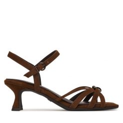 Sandały Tamaris. Brązowe sandały Tamaris, bez wzorów, bez obcasa, na słupku, bez zapięcia. Za 329.99 zł.