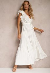 Biała Kopertowa Sukienka z Gumką w Pasie i Materiałowym Paskiem Ozdobiona Falbankami Tiamatalia. Białe sukienki Renee, na imprezę, l, bez wzorów, z materiału, eleganckie, bez kołnierzyka, bez ramiączek, maxi, kopertowe. W wyprzedaży za 119.99 zł.