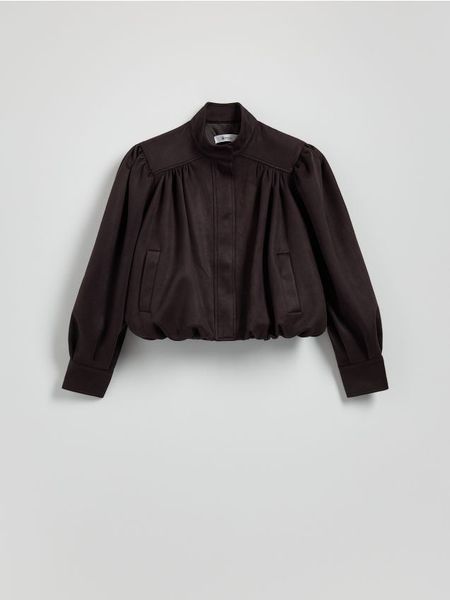 Kurtka ze stójką - ciemnobrązowy. Brązowe kurtki Reserved, l, bez wzorów, z dzianiny, bez kaptura. W wyprzedaży za 99.99 zł.