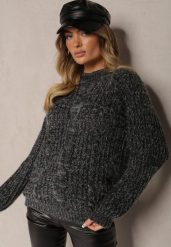 Czarny Sweter z Dodatkiem Wiskozy i Ozdobnym Splotem Cialara. Czarne swetry Renee, bez wzorów, z jeansu, casualowe, bez ramiączek. W wyprzedaży za 55.99 zł.