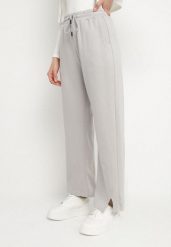 Szare Dresowe Spodnie o Szerokim Kroju z Wysokim Stanem ze Sznurkiem Zaliona. Szare jeansy Born2be, l, bez wzorów, z dresówki, eleganckie, z podwyższonym stanem. Za 69.99 zł.