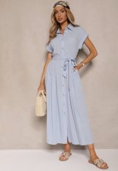 Niebieska Koszulowa Sukienka z Wiskozy z Paskiem Rinaira. Niebieskie sukienki Renee, na co dzień, l, bez wzorów, z materiału, eleganckie, bez kołnierzyka, bez ramiączek, maxi, koszulowe. W wyprzedaży za 97.99 zł.