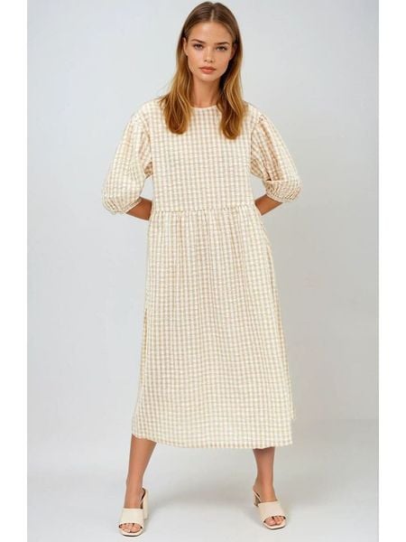 Monki Sukienka w kolorze beżowo-białym rozmiar: XXS. Brązowe sukienki Monki, na co dzień, xxs, bez wzorów, z bawełny, bez kołnierzyka, bez ramiączek, maxi, proste. Za 43.99 zł.