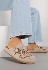 Ciemnobeżowe Klapki na Grubej Podeszwie z Frędzlami Klamrami i Koralikami Glysnell. Brązowe klapki Born2be, bez wzorów, z jeansu, biznesowe, bez obcasa, na płaskiej podeszwie, bez zapięcia. Za 109.99 zł.