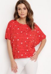 Czerwona Bawełniana Bluzka w Print o Fasonie Nietoperza Velttia. Czerwone bluzki Born2be, bez wzorów, z bawełny, wizytowe, bez kołnierzyka, bez ramiączek. Za 59.99 zł.