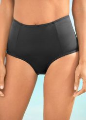 Figi bikini z wysoką talią i standardowym wycięciem na nogi. Czarne bikini bonprix, bez wzorów, klasyczne. Za 64.99 zł.