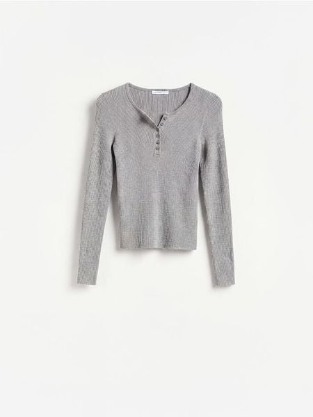 Prążkowany sweter z wiskozą - szary. Szare swetry Reserved, l, bez wzorów, z dzianiny, bez ramiączek. Za 99.99 zł.