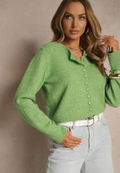 Jasnozielony Rozpinany Kardigan z Wełną Kornelira. Zielone swetry Renee, bez wzorów, z jeansu, eleganckie, bez ramiączek. W wyprzedaży za 127.99 zł.
