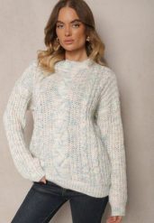Jasnobeżowy Sweter z Wełną Ozdobiony Tłoczeniem Ecrisevia. Brązowe swetry Renee, bez wzorów, z jeansu, casualowe, bez ramiączek. W wyprzedaży za 63.99 zł.