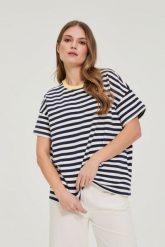 Bluza oversize w paski granatowa. Bluzy MOODO, l, bez wzorów, z bawełny, bez ramiączek, bez kaptura. Za 79.99 zł.