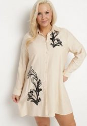 Beżowa Koszulowa Sukienka z Wiskozy Zdobiona Kwiatowym Haftem Nalilsa. Brązowe sukienki Born2be, na co dzień, plus size, z aplikacjami, z wiskozy, eleganckie, bez kołnierzyka, plus size, bez ramiączek, mini, koszulowe. W wyprzedaży za 101.99 zł.