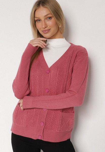Ciemnoróżowy Kardigan z Bawełną Zdobiony Warkoczowym Splotem i Kieszeniami Mevesava. Czerwone swetry Born2be, na zimę, z aplikacjami, z bawełny, klasyczne, bez ramiączek. Za 79.99 zł.