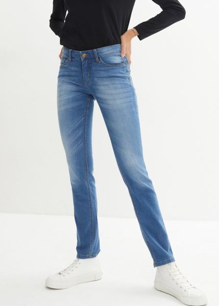 Dżinsy ze stretchem skinny, mid waist. Niebieskie jeansy bonprix, bez wzorów, z jeansu. Za 79.99 zł.