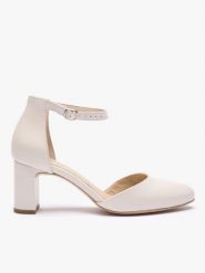 Kremowe ślubne czółenka ze skóry licowej. Brązowe czółenka Ryłko, bez wzorów, ze skóry, eleganckie, z okrągłym noskiem, bez obcasa, na obcasie, bez zapięcia. Za 399.99 zł.