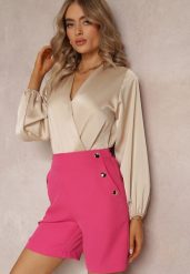 Fuksjowe Dopasowane Szorty z Eleganckimi Guzikami i Wsuwanymi Kieszeniami Reitza. Czerwone szorty Renee, bez wzorów, eleganckie. W wyprzedaży za 67.99 zł.