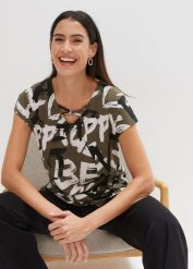 Długi T-shirt. Zielone t-shirty bonprix, bez wzorów, bez kołnierzyka, bez ramiączek. Za 69.99 zł.