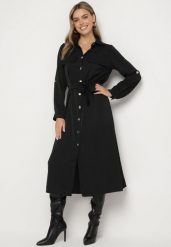 Czarna Koszulowa Sukienka z Eleganckimi Guzikami i Wiązanym Paskiem w Talii Kortella. Czarne sukienki Born2be, do pracy, l, bez wzorów, biznesowe, bez kołnierzyka, bez ramiączek, midi, koszulowe. W wyprzedaży za 118.99 zł.
