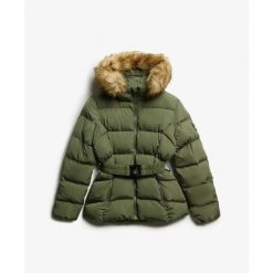 Damska kurtka puchowa Superdry Fuji Belted. Zielone kurtki Superdry, bez wzorów, z puchu, bez kaptura. Za 651.20 zł.