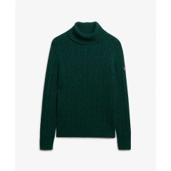 Sweter na plecionce z golfem damski Superdry. Zielone swetry Superdry, na zimę, bez wzorów, ze splotem, bez ramiączek. Za 326.85 zł.